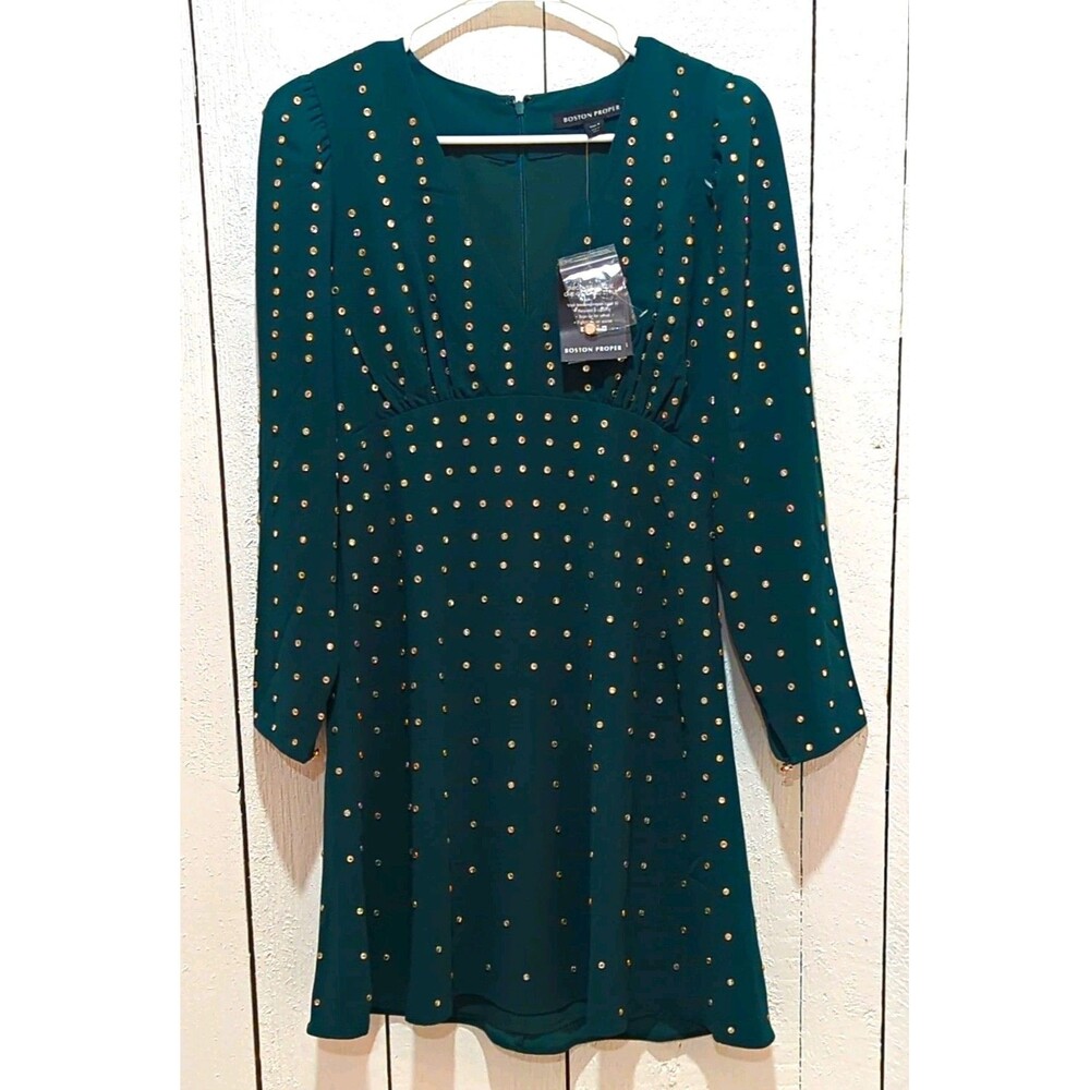 Boston Proper Women’s Green/Gold Studded V-Neck Fit & Flare Dress Size 4